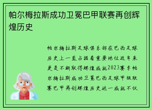 帕尔梅拉斯成功卫冕巴甲联赛再创辉煌历史 帕尔梅拉斯成功卫冕巴甲联赛再创辉煌历史